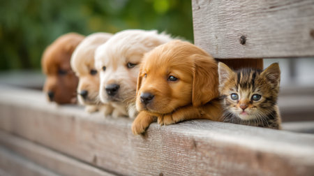 A charming scene featuring adorable puppies and a single kitten resting their heads on a wooden bench, showcasing their playful and endearing expressions in nature.の素材