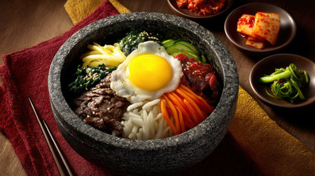 A visually appealing stone bowl filled with rice, vibrant vegetables, and a perfectly fried egg, accompanied by tasty kimchi, encapsulating a rich culinary experience.の素材