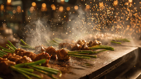 Experience the vibrant atmosphere of grilled meat skewers resting on fresh green onions, with smoke and sparks creating a magical outdoor dining scene.の素材