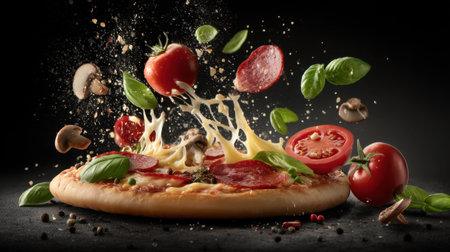 A visually captivating image capturing a freshly baked pizza with bubbling cheese and vibrant ingredients like tomatoes and basil, showcasing the joy of cooking.の素材