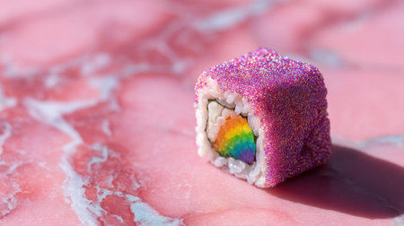A stunning close-up of a rainbow sushi piece adorned with vibrant edible decorations, set against a chic pink marble background, perfect for food photography.の素材