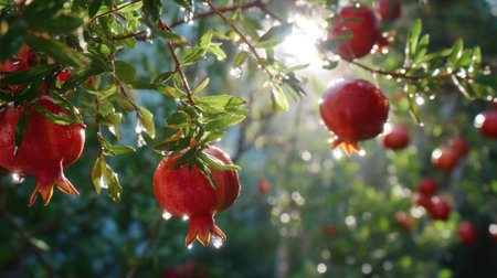 A stunning close-up image of ripe pomegranate fruits adorned with morning dew, surrounded by lush green leaves, capturing the serenity and beauty of nature in a vibrant garden.の素材