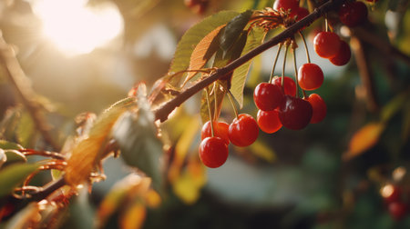 A beautiful capture of fresh red cherries hanging from a branch, illuminated by soft sunlight, creating a warm and inviting atmosphere in nature.の素材