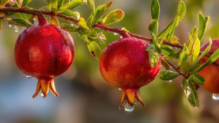 A captivating close-up image showcasing ripe pomegranate fruits adorned with glistening water droplets on a vibrant green branch, set against a soft outdoor background.の素材