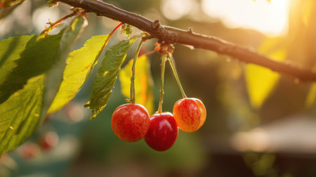 Three cherries dangle from a tree branch, illuminated by warm golden light during sunset, creating a tranquil setting with vibrant green leaves and a peaceful atmosphere.の素材
