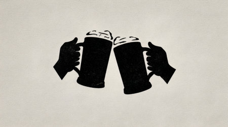 This hand-drawn illustration features two beer mugs clinking together, representing celebration and friendship, perfect for highlighting social gatherings and festive occasions.の素材