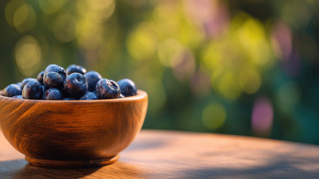 A close-up of fresh blueberries in a wooden bowl on a rustic table, surrounded by a soft blurred background that captures the beauty of nature, ideal for food enthusiasts.の素材