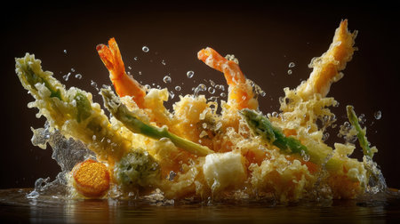 A stunning image of crispy tempura shrimp and assorted vegetables splashing in water, perfect for showcasing culinary art and gourmet meals in a restaurant setting.の素材