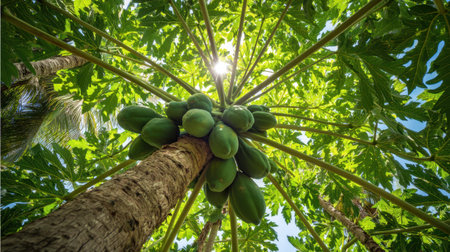 A stunning view of a tropical papaya tree towering against a clear blue sky, showcasing bright green pawpaw fruits and vibrant leaves illuminated by sunlight.の素材