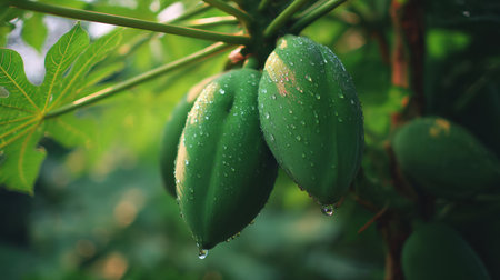 Lush green papaya fruits cling to a tree branch, adorned with glistening dew drops. This vibrant scene captures the essence of nature and healthy living.の素材