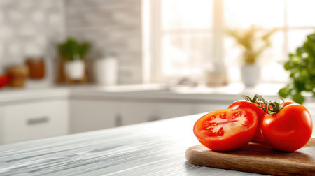 Fresh, ripe tomatoes rest on a wooden cutting board in a sunlit kitchen, creating a vibrant and inviting atmosphere perfect for culinary preparations.の素材