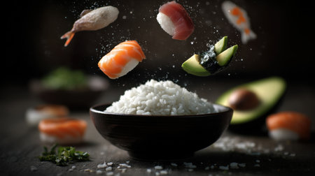 This captivating image showcases flying sushi and a bowl of rice, highlighting fresh ingredients and vibrant colors, perfect for culinary enthusiasts and food lovers.の素材