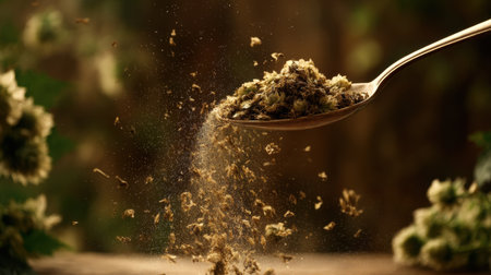A mesmerizing close-up of dry herbal particles being sprinkled from a spoon, set against a rustic backdrop with natural greenery, evoking a sense of calm and health.の素材
