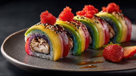 A visually striking arrangement of rainbow sushi rolls adorned with colorful toppings, creating a delightful feast for the eyes and palate alike.の素材