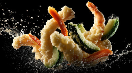 Dynamic image of crispy tempura shrimp and fresh vegetables captured in mid-air splash, set against a striking black backdrop, perfect for culinary showcases.の素材
