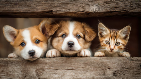 An adorable scene featuring two playful puppies and a curious kitten peeking through a rustic wooden fence, radiating warmth and the beauty of pet companionship.の素材