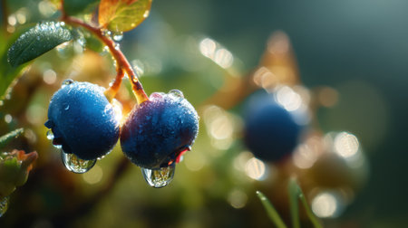 This stunning close-up captures fresh blueberries with dew drops, showcasing vibrant colors and textures amid lush greenery, perfect for health-focused projects.の素材