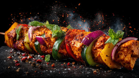Discover vibrant grilled chicken skewers featuring fresh vegetables and fragrant mint on a dark backdrop, an appealing dish perfect for culinary enthusiasts and gatherings.の素材