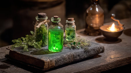 Discover an enchanting scene featuring glass bottles filled with green liquid, surrounded by natural elements and softly lit by a candle, evoking a mystical atmosphere.の素材