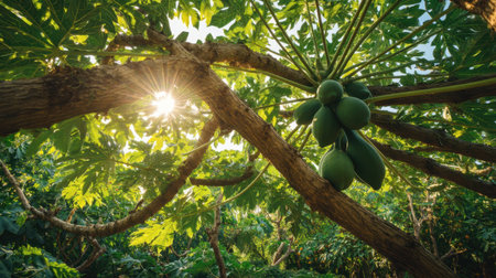 A tranquil tropical scene showcases green papaya fruit hanging from branches, illuminated by sunlight, set amidst vibrant foliage in a lush garden.の素材