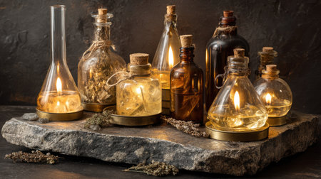 This image showcases a variety of glass bottles filled with organic materials and candles, set on a stone surface, perfect for creating a magical, rustic atmosphere.の素材