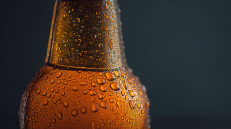 This captivating close-up captures a chilled glass bottle adorned with glistening water droplets, perfect for representing refreshment and coolness in drinks.の素材
