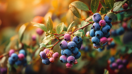 A close-up view of a blueberry branch featuring ripe berries and green leaves. The soft natural light accentuates the vibrant colors, highlighting the deliciousness of this seasonal fruit.の素材
