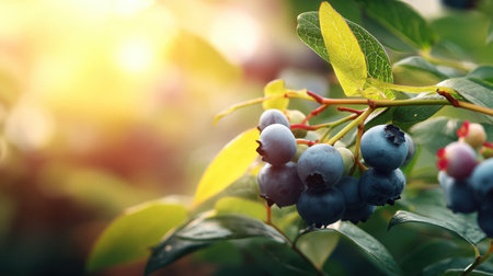 A close-up view of fresh blueberries on a branch, surrounded by lush green leaves. The soft sunlight illuminates the scene, adding warmth to the summer garden atmosphere.の素材