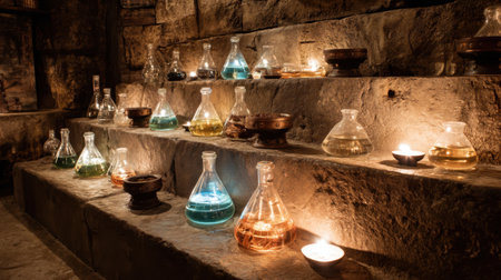 An enchanting vintage laboratory scene features colorful glass flasks and glowing candles on ancient stone shelves. Perfect for visual storytelling in science, history, or alchemy themes.の素材