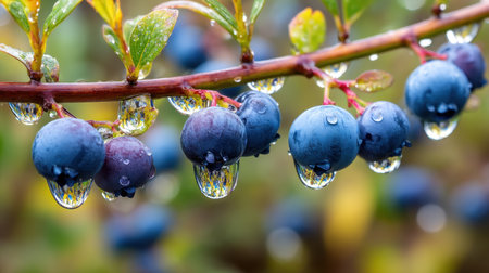 A stunning close-up of fresh blueberries with water droplets showcasing their vibrant colors on the branch, capturing the essence of nature's bounty in a garden setting.の素材