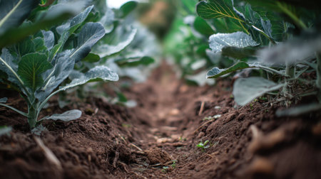 Captivating view of fresh green cabbage plants thriving in a vegetable farm, showcasing rich soil and vibrant leaves under natural light, ideal for agricultural themes.の素材