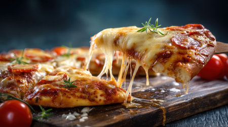 A mouthwatering slice of pepperoni pizza with gooey, melting cheese, presented on a rustic wooden board, featuring fresh tomatoes and herbs creating a cozy dining atmosphere.の素材