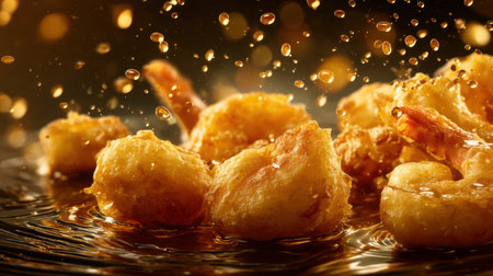 A captivating image of golden fried shrimp showcasing a splash of oil and water droplets against a rich black background, perfect for culinary content and food lovers.の素材
