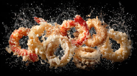 A dynamic image showcasing crispy fried shrimp and onion rings creating a stunning splash in water against a black background. Perfect for food enthusiasts!の素材