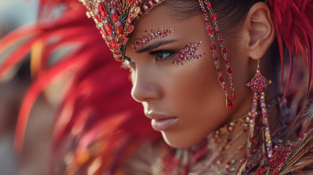 Captivating portrait of a young woman dressed in a bright feather costume with stunning jewel embellishments, showcasing her beauty and artistry at an outdoor festival.の素材