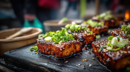 Discover a tantalizing dish of grilled tofu topped with fresh garnishes and sesame seeds, beautifully presented on a sizzling hot stone plate at an outdoor market.の素材