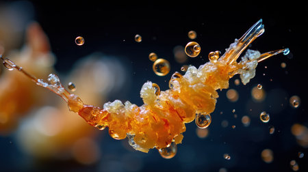 This macro photograph showcases a vibrant orange shrimp among bubbles in its aquatic habitat. Perfectly capturing the beauty and complexity of marine life.の素材