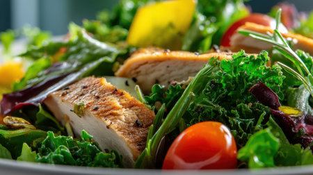 A vibrant salad featuring grilled chicken, cherry tomatoes, and assorted greens, perfect for healthy and gourmet dining. Ideal for food lovers and meal enthusiasts.の素材