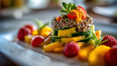A visually appealing gourmet dish showcasing layers of fresh vegetables and vibrant fruits, garnished artfully for an unforgettable culinary experience.の素材