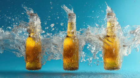 Three beer bottles splash into clear water, creating a lively scene that captures the essence of refreshment. Ideal for summer beverages and celebration themes.の素材