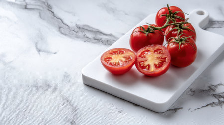 Bright red cherry tomatoes are arranged on a white cutting board, showcasing whole and sliced pieces against a marble background, perfect for a fresh culinary presentation.の素材