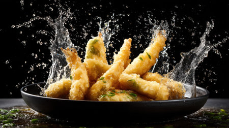 An enticing image of crispy tempura prawns creating a dynamic splash in fresh water, beautifully garnished with chopped green onions against a dark background.の素材