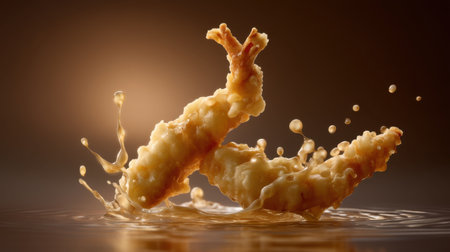Experience the dynamic moment of crispy fried shrimp captured in a splash of oil, showcasing vibrant textures and colors, perfect for food enthusiasts and culinary creators.の素材