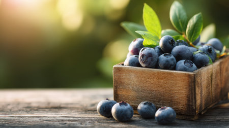 Discover a captivating image of freshly harvested blueberries in a rustic wooden box, beautifully contrasted against a soft, natural background, ideal for food-related projects.の素材