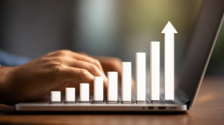 A hand typing on a laptop, digitally illustrating a chart showing upward growth trends. This visual symbolizes financial progress and business success in a modern workspace.の素材