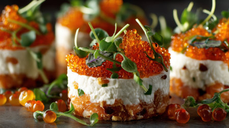 Explore a stunning display of gourmet cheese and caviar dessert, beautifully garnished with fresh herbs and edible greens, perfect for culinary enthusiasts and events.の素材