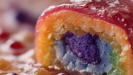 A captivating close-up of a colorful rainbow dessert showcasing vibrant layers and a glossy finish, perfect for inspiring culinary creativity and delight.の素材
