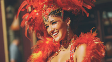 A radiant woman in a stunning red feather costume showcases joy and cultural spirit during a vibrant festival, adorned with intricate makeup in bright sunlight.の素材