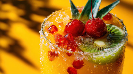 A vibrant tropical cocktail featuring fresh kiwi and cherries, garnished with pomegranate and lime, perfect for summer gatherings and refreshing sips.の素材