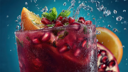 A vibrant pomegranate drink splashes in a glass, garnished with orange and mint leaves, perfect for summer refreshment or any festive occasion.の素材